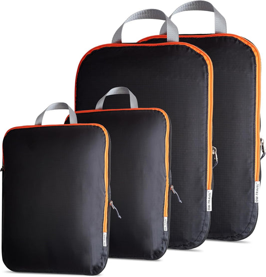 Black compression packing cubes for suitcases. Travel compression storage organiser bags