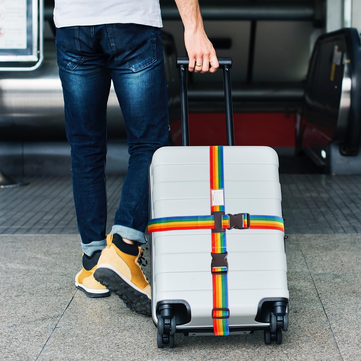 Heavy Duty Luggage Cross Strap Suitcase Belts - with Personalised Baggage Claim Identifier Address Label (Rainbow) - One-Wear, OW-Travel