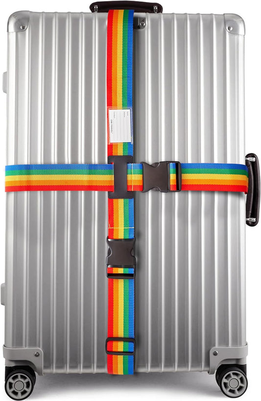 Heavy Duty Luggage Cross Strap Suitcase Belts - with Personalised Baggage Claim Identifier Address Label (Rainbow) - One-Wear, OW-Travel