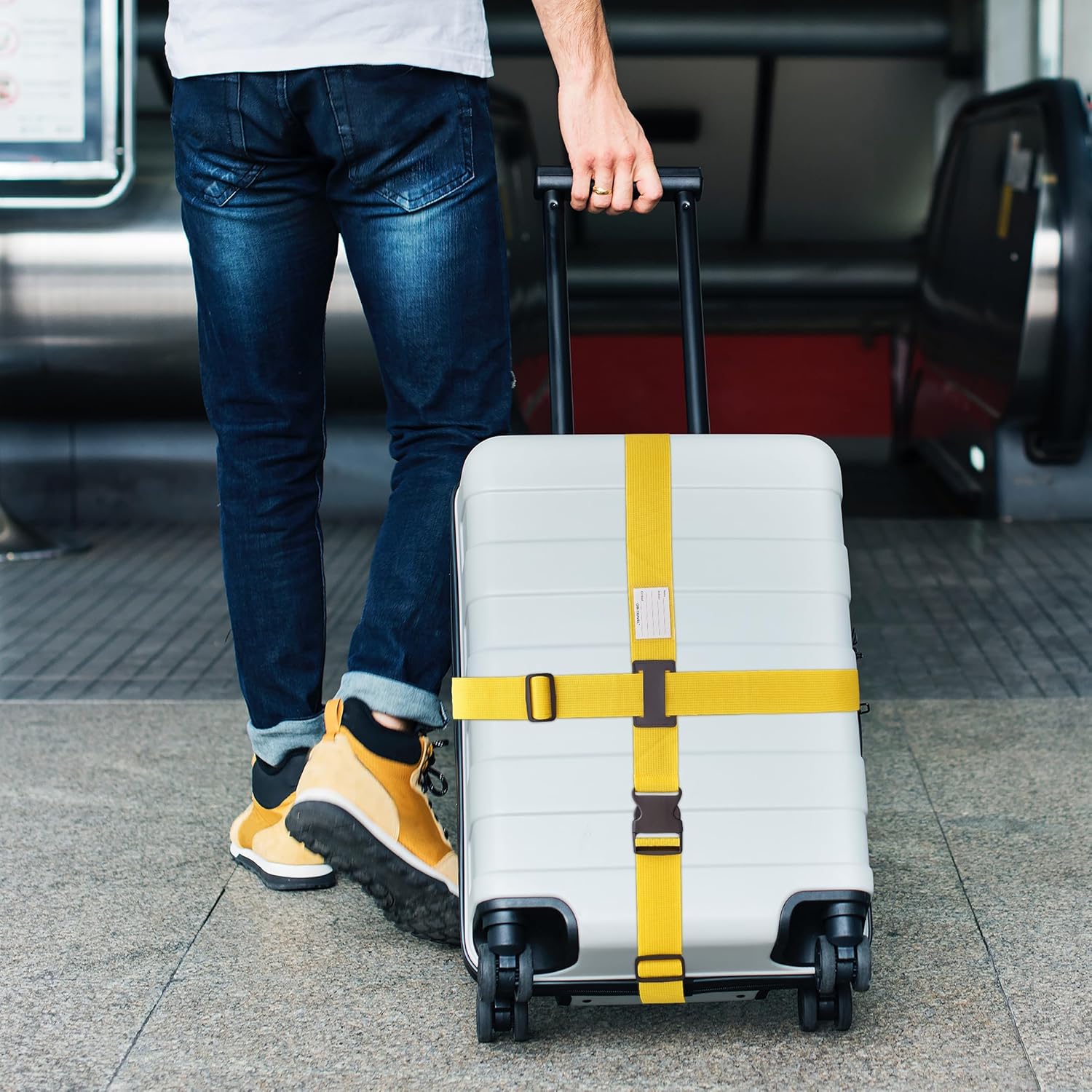 ✅ Heavy Duty Luggage Cross Strap Suitcase Belts - with Personalised Baggage Claim Identifier Address Label (Yellow) - One-Wear, OW-Travel