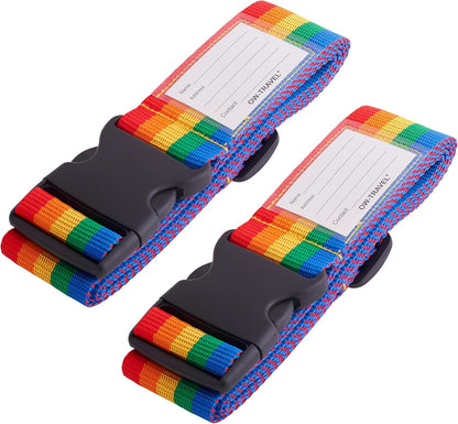 Heavy Duty Luggage Strap Suitcase Belts - with Personalised Baggage Claim Identifier Address Label (Rainbow) - One-Wear, OW-Travel