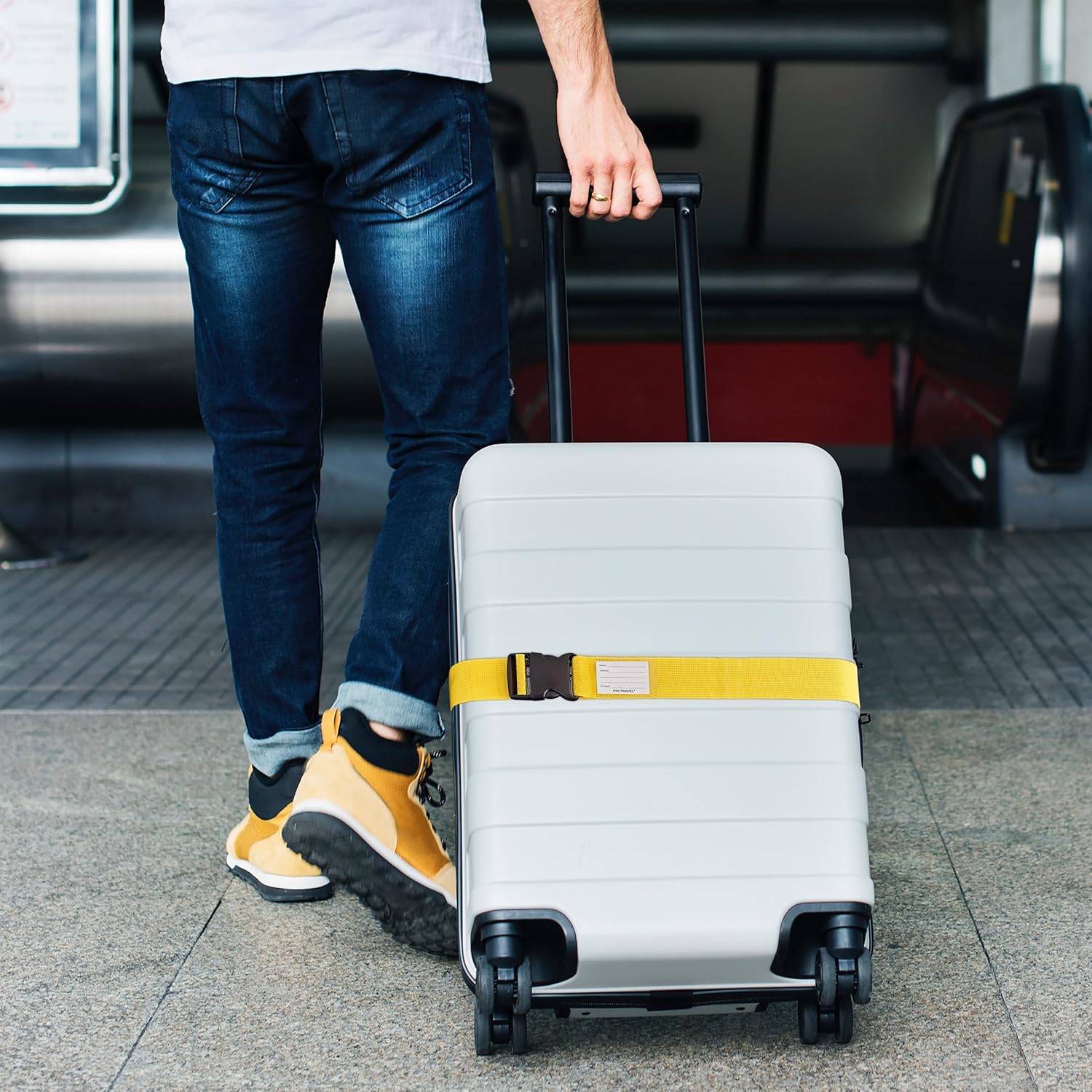 ✅ Heavy Duty Luggage Strap Suitcase Belts - with Personalised Baggage Claim Identifier Address Label (Yellow) - One-Wear, OW-Travel