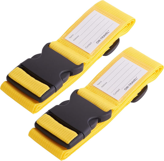 ✅ Heavy Duty Luggage Strap Suitcase Belts - with Personalised Baggage Claim Identifier Address Label (Yellow) - One-Wear, OW-Travel