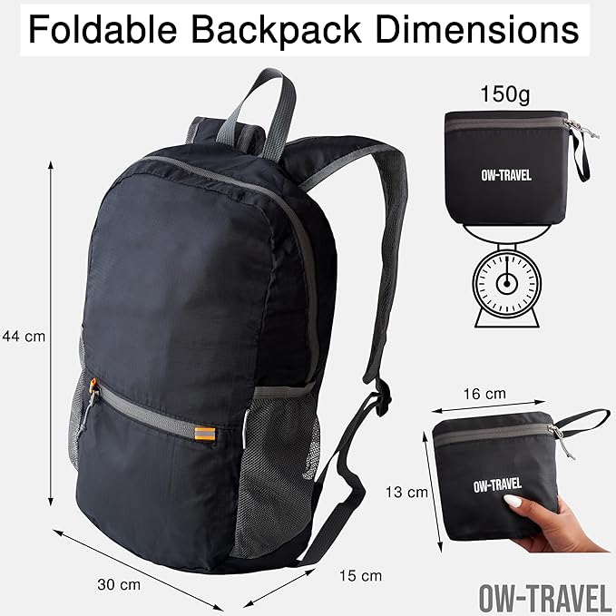 Black Lightweight Foldable Hiking Travel Backpack