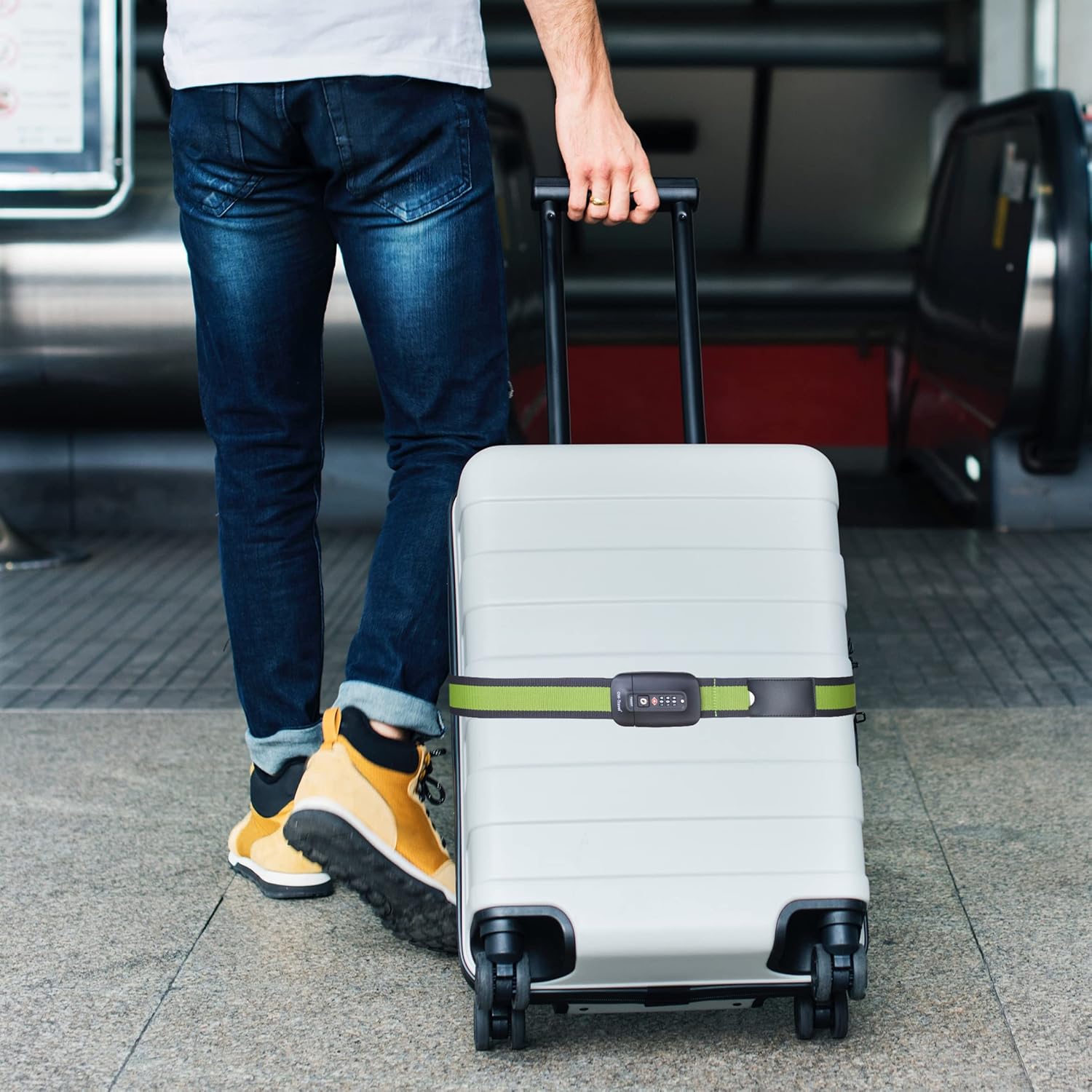 Heavy Duty Lockable Luggage Strap Suitcase Belts TSA - with Personalised Name Tag Identifier Address Label (Grey / Green) - One-Wear, OW-Travel