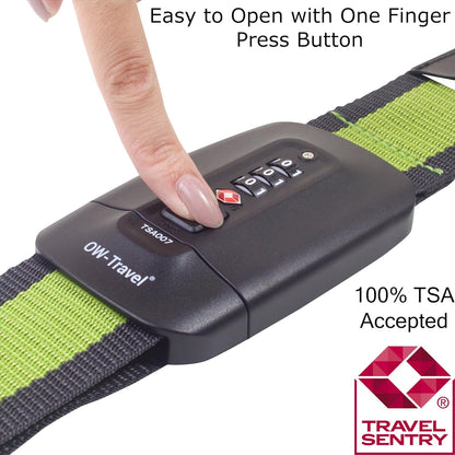 Heavy Duty Lockable Luggage Strap Suitcase Belts TSA - with Personalised Name Tag Identifier Address Label (Grey / Green) - One-Wear, OW-Travel