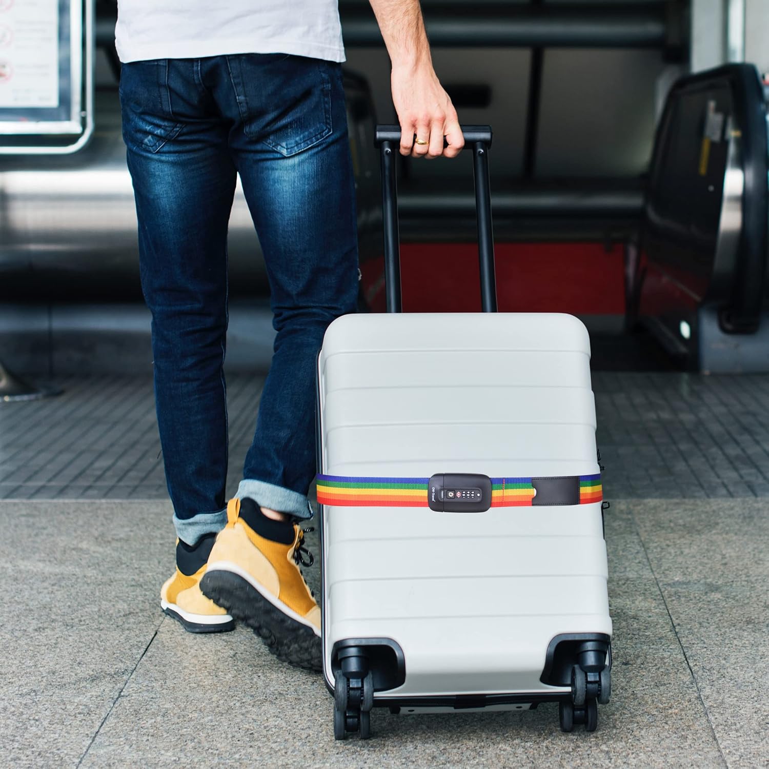 Heavy Duty Lockable Luggage Strap Suitcase Belts TSA - with Personalised Name Tag Identifier Address Label (Rainbow) - One-Wear, OW-Travel