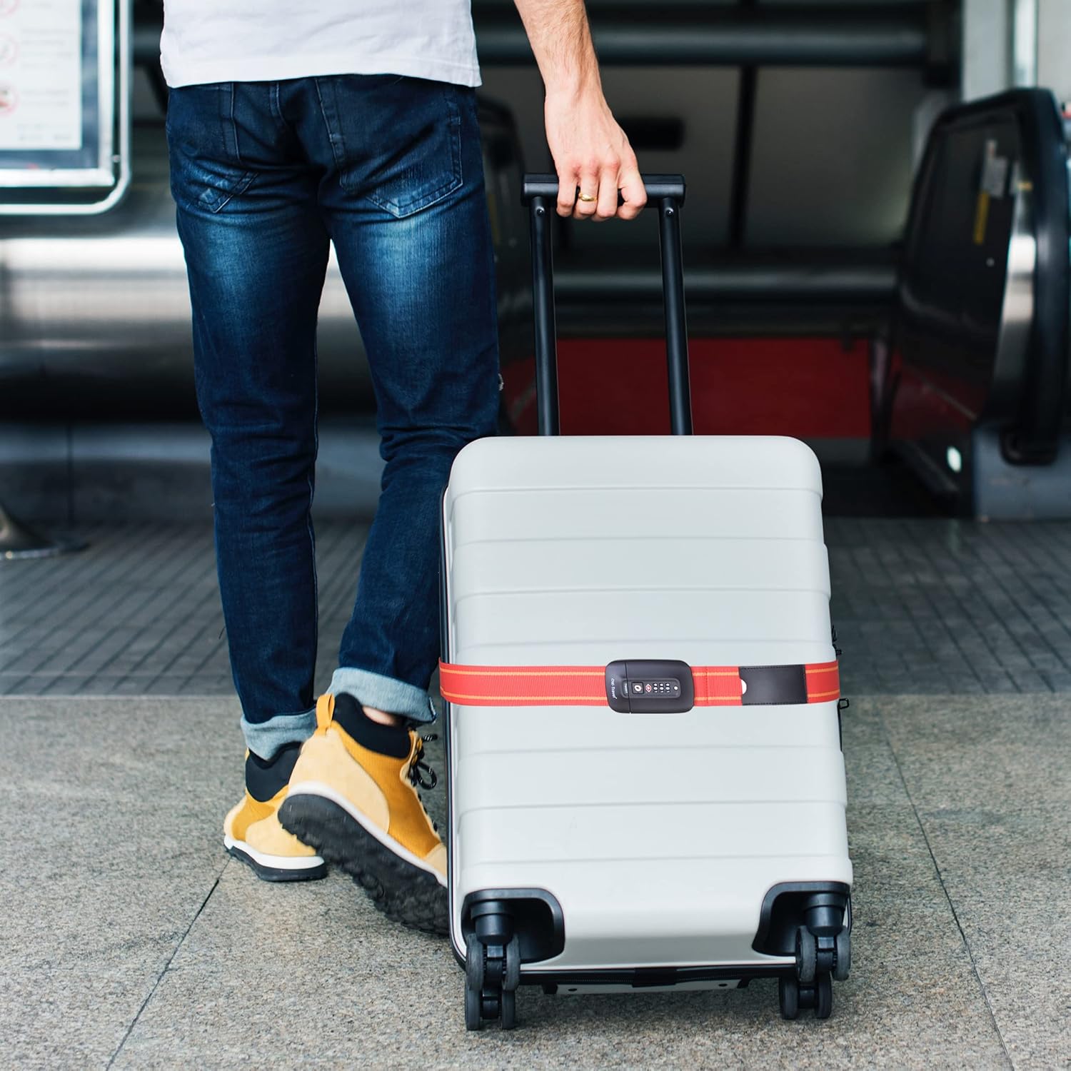 Heavy Duty Lockable Luggage Strap Suitcase Belts TSA - with Personalised Name Tag Identifier Address Label (Red / Yellow) - One-Wear, OW-Travel