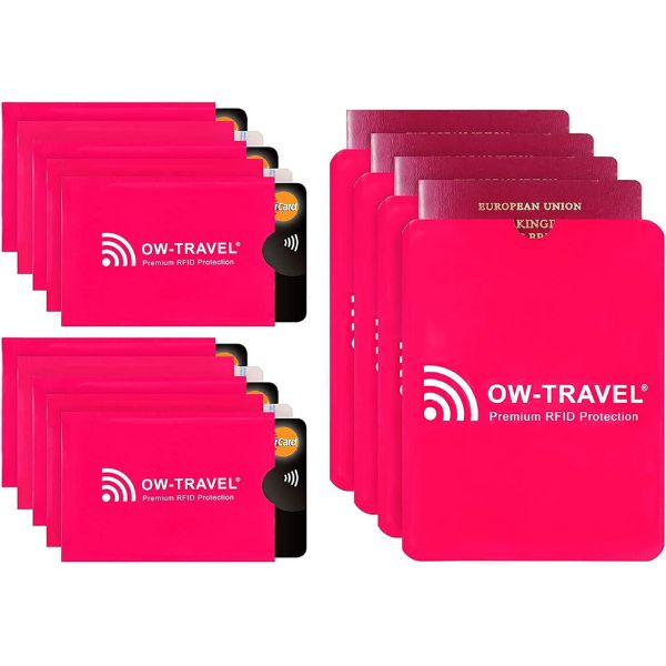TÜV Approved RFID & NFC Blocking Credit Card + Passport Protector Sleeves - Identity Theft Protection for Contactless Cards - One-Wear, OW-Travel