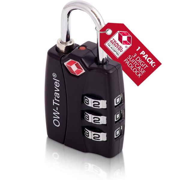 ✅ 3 Dial TSA Combination Padlock with INSPECTION SEARCH ALERT - Travel Sentry Approved Heavy Duty Number Lock for Suitcases, Luggage, Gym Lockers and Tool Boxes - One-Wear, OW-Travel