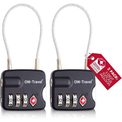 ✅ 3 Dial TSA Cable Combination Padlock - Travel Sentry Approved Heavy Duty Number Lock for Suitcases, Luggage, Gym Lockers and Tool Boxes - One-Wear, OW-Travel