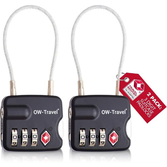 ✅ 3 Dial TSA Cable Combination Padlock - Travel Sentry Approved Heavy Duty Number Lock for Suitcases, Luggage, Gym Lockers and Tool Boxes - One-Wear, OW-Travel