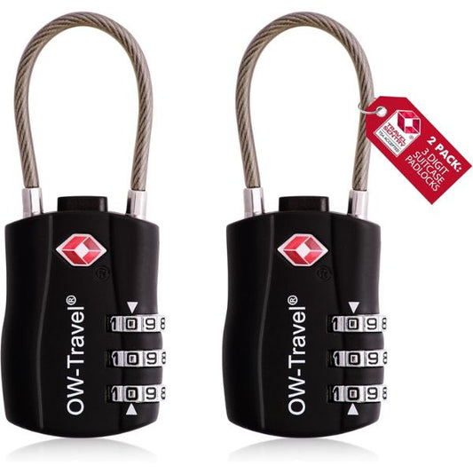 ✅ 3 Dial TSA Cable Combination Padlock - Travel Sentry Approved Heavy Duty Number Lock for Suitcases, Luggage, Gym Lockers and Tool Boxes - One-Wear, OW-Travel