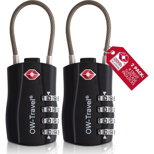 ✅ 4 Dial TSA Cable Combination Padlock - Travel Sentry Approved Heavy Duty Number Lock for Suitcases, Luggage, Gym Lockers and Tool Boxes - One-Wear, OW-Travel