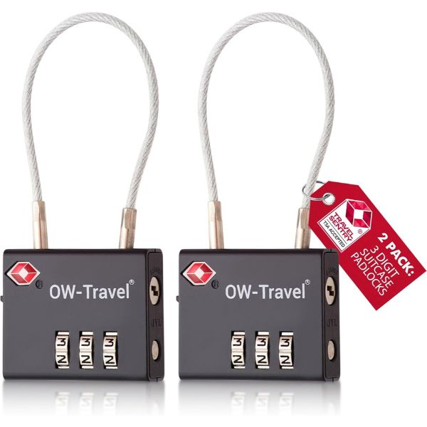 ✅ 3 Dial TSA Cable Combination Padlock - Travel Sentry Approved Heavy Duty Number Lock for Suitcases, Luggage, Gym Lockers and Tool Boxes - One-Wear, OW-Travel