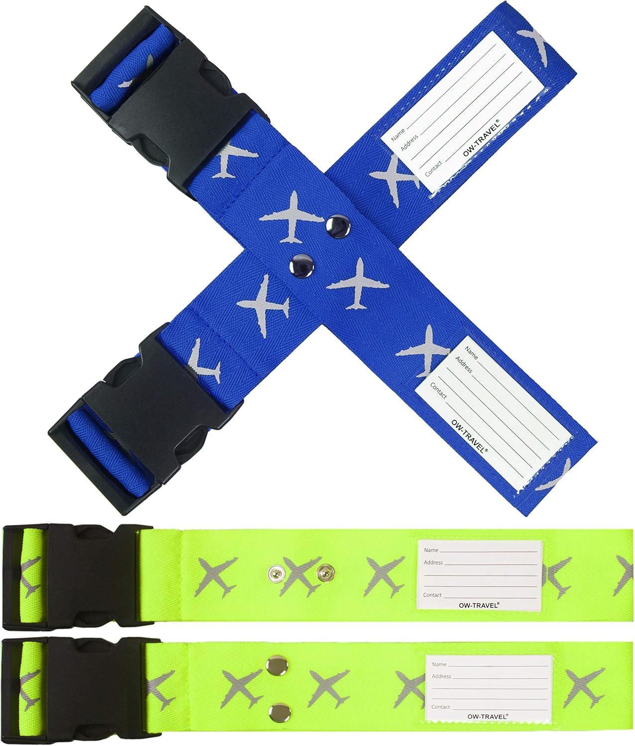 Heavy Duty Luggage Cross Strap Suitcase Belts - with Personalised Baggage Claim Identifier Address Label (Blue + Yellow) - One-Wear, OW-Travel