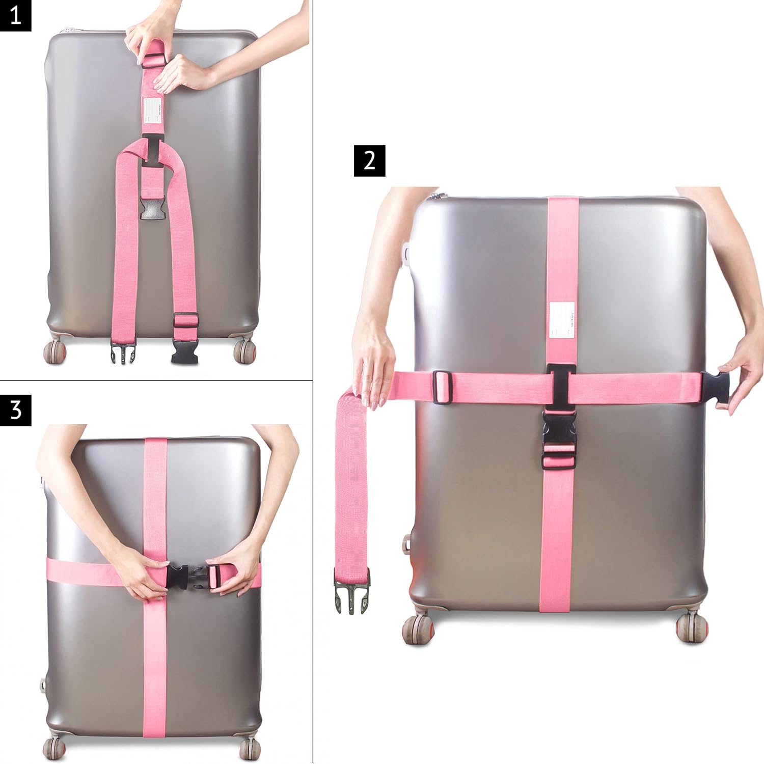 ✅ Heavy Duty Luggage Cross Strap Suitcase Belts - with Personalised Baggage Claim Identifier Address Label (Bright Pink) - One-Wear, OW-Travel