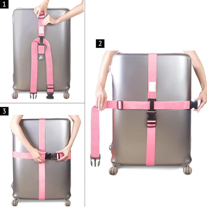 ✅ Heavy Duty Luggage Cross Strap Suitcase Belts - with Personalised Baggage Claim Identifier Address Label (Bright Pink) - One-Wear, OW-Travel