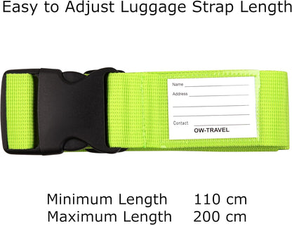 ✅ Heavy Duty Luggage  Strap Suitcase Belts - with Personalised Baggage Claim Identifier Address Label (Bright Green) - One-Wear, OW-Travel