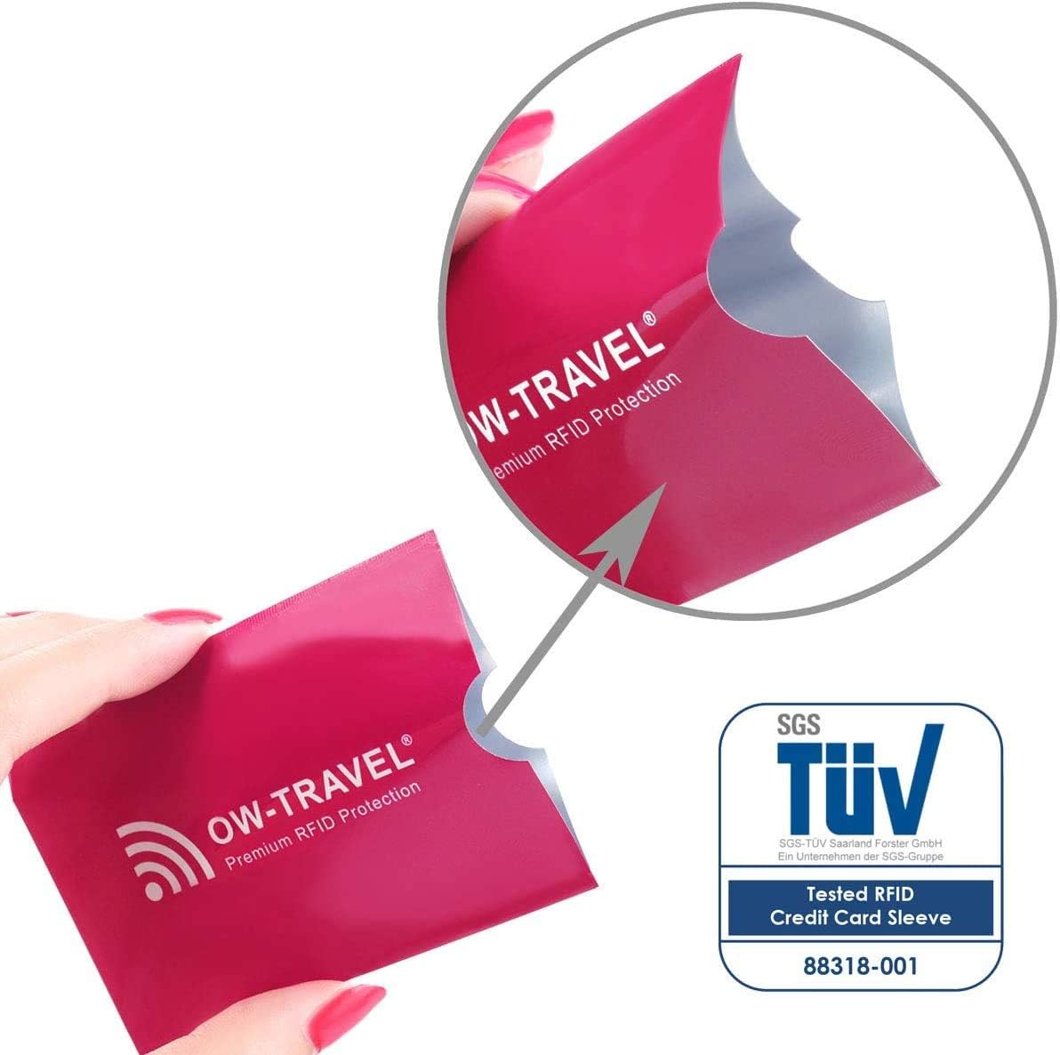 TÜV Approved RFID & NFC Blocking Credit Card + Passport Protector Sleeves - Identity Theft Protection for Contactless Cards - One-Wear, OW-Travel
