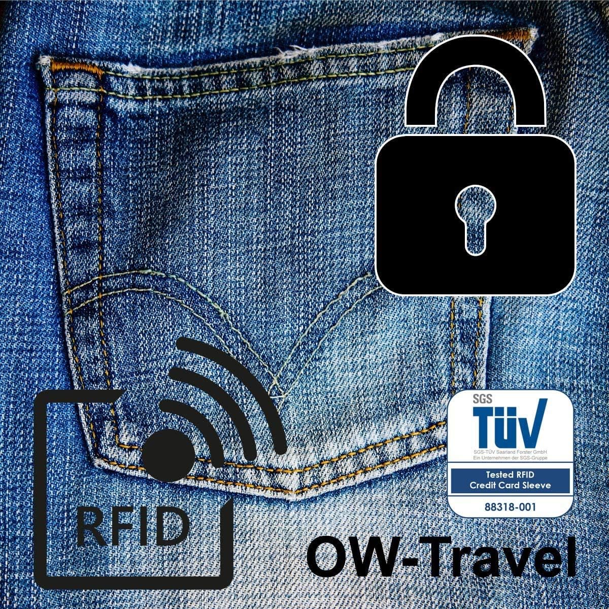 ✅ TÜV Approved RFID & NFC Blocking Credit Card + Passport Protector Sleeves - Identity Theft Protection for Contactless Cards - One-Wear, OW-Travel