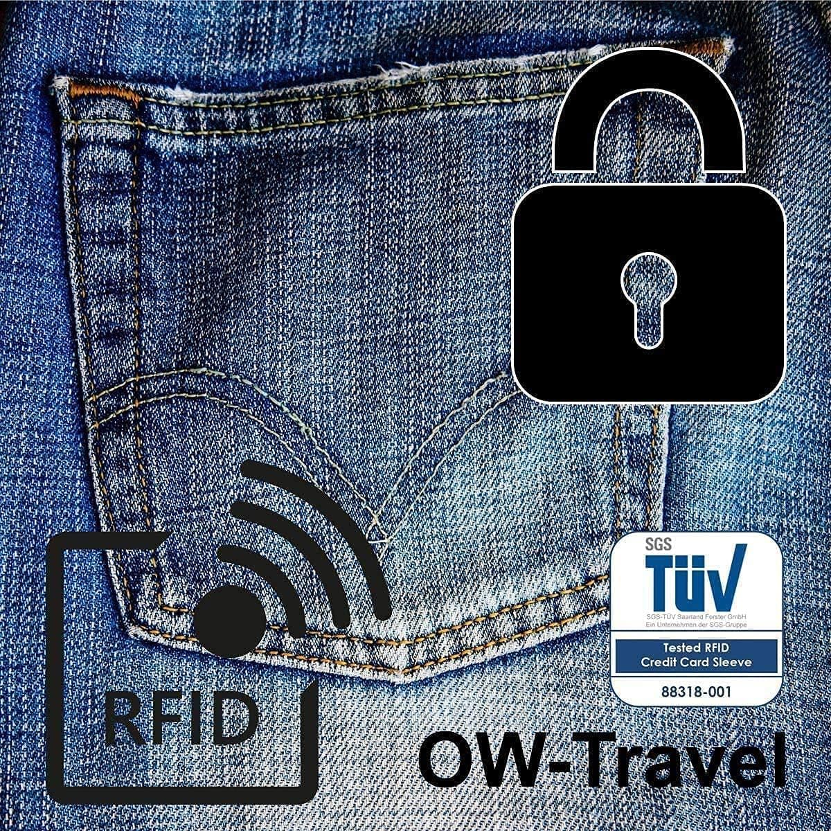 ✅ TÜV APPROVED RFID & NFC Blocking Credit Card Wallet+ Passport Protector Sleeves - Identity Theft Protection for Contactless Cards - One-Wear, OW-Travel