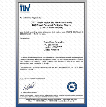 ✅ TÜV APPROVED RFID & NFC Blocking Credit Card Wallet+ Passport Protector Sleeves - Identity Theft Protection for Contactless Cards - One-Wear, OW-Travel