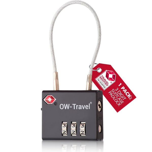 ✅ 3 Dial TSA Cable Combination Padlock - Travel Sentry Approved Heavy Duty Number Lock for Suitcases, Luggage, Gym Lockers and Tool Boxes - One-Wear, OW-Travel