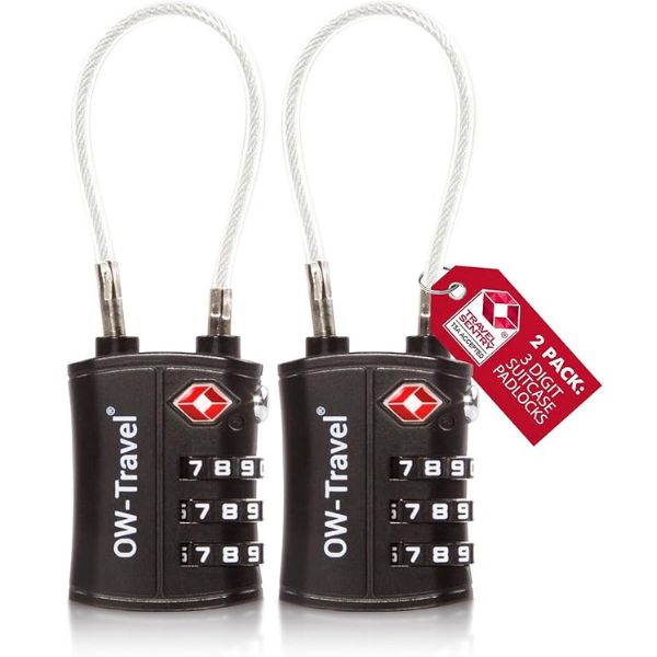 ✅ 3 Dial TSA Cable Combination Padlock - Travel Sentry Approved Heavy Duty Number Lock for Suitcases, Luggage, Gym Lockers and Tool Boxes - One-Wear, OW-Travel