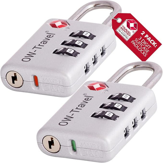 ✅ 3 Dial TSA Combination Padlock with INSPECTION SEARCH ALERT - Travel Sentry Approved Heavy Duty Number Lock for Suitcases, Luggage, Gym Lockers and Tool Boxes - One-Wear, OW-Travel