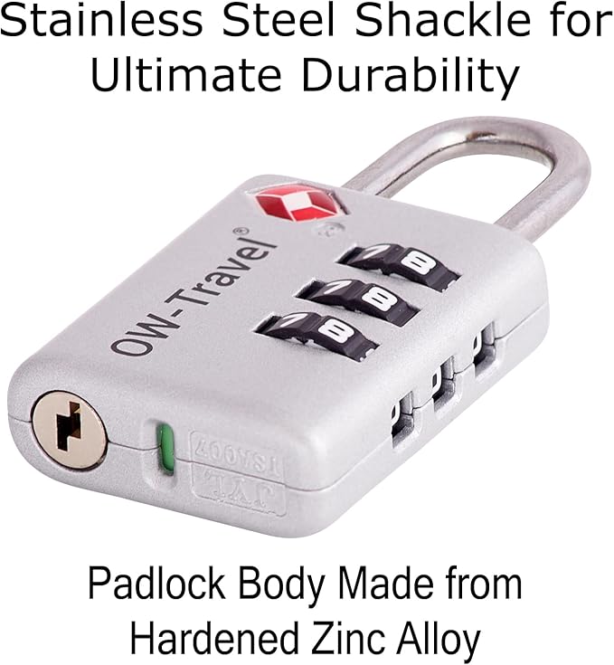 ✅ 3 Dial TSA Combination Padlock with INSPECTION SEARCH ALERT - Travel Sentry Approved Heavy Duty Number Lock for Suitcases, Luggage, Gym Lockers and Tool Boxes - One-Wear, OW-Travel