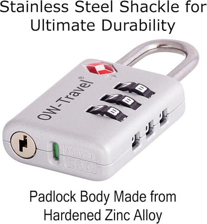 ✅ 3 Dial TSA Combination Padlock with INSPECTION SEARCH ALERT - Travel Sentry Approved Heavy Duty Number Lock for Suitcases, Luggage, Gym Lockers and Tool Boxes - One-Wear, OW-Travel