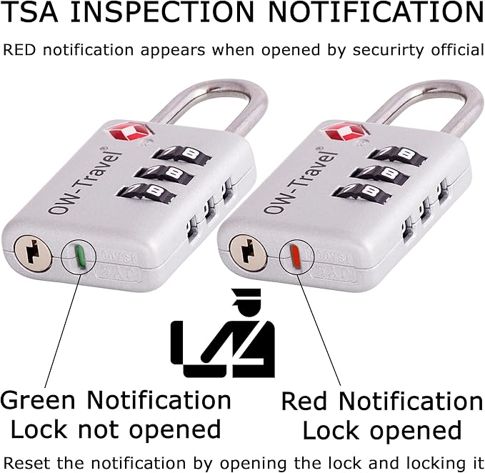 ✅ 3 Dial TSA Combination Padlock with INSPECTION SEARCH ALERT - Travel Sentry Approved Heavy Duty Number Lock for Suitcases, Luggage, Gym Lockers and Tool Boxes - One-Wear, OW-Travel