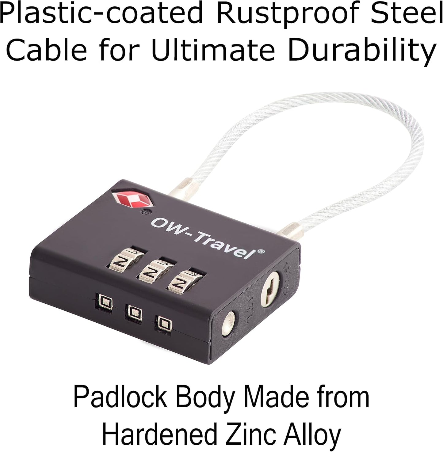 ✅ 3 Dial TSA Cable Combination Padlock - Travel Sentry Approved Heavy Duty Number Lock for Suitcases, Luggage, Gym Lockers and Tool Boxes - One-Wear, OW-Travel