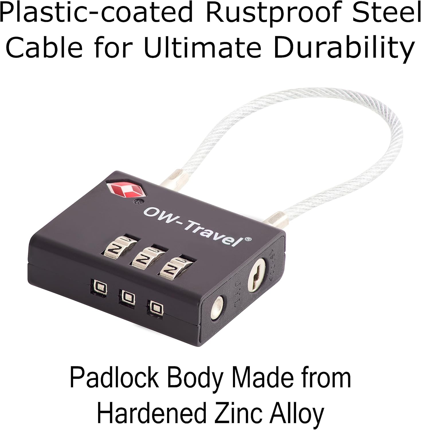 ✅ 3 Dial TSA Cable Combination Padlock - Travel Sentry Approved Heavy Duty Number Lock for Suitcases, Luggage, Gym Lockers and Tool Boxes - One-Wear, OW-Travel