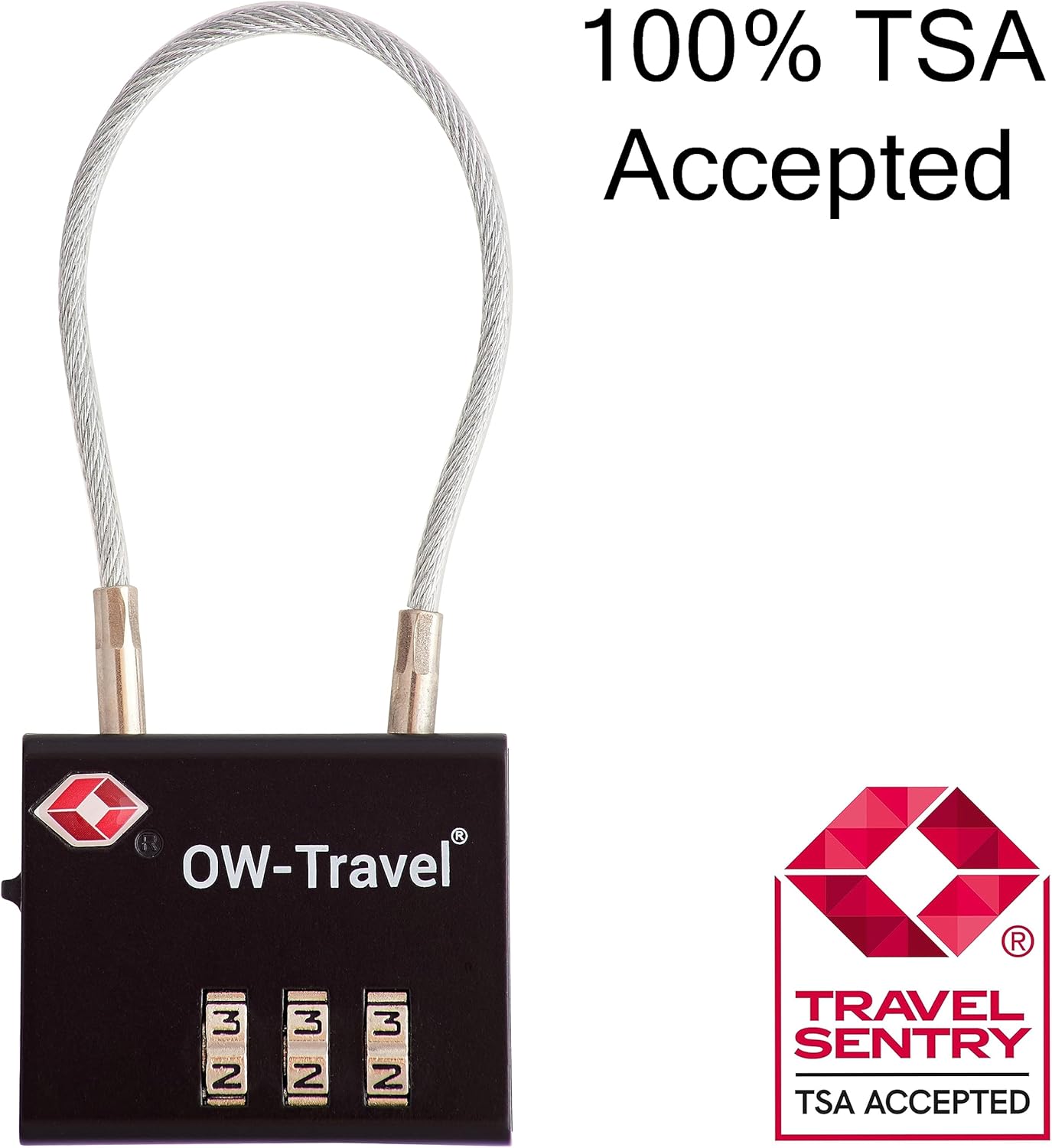 ✅ 3 Dial TSA Cable Combination Padlock - Travel Sentry Approved Heavy Duty Number Lock for Suitcases, Luggage, Gym Lockers and Tool Boxes - One-Wear, OW-Travel
