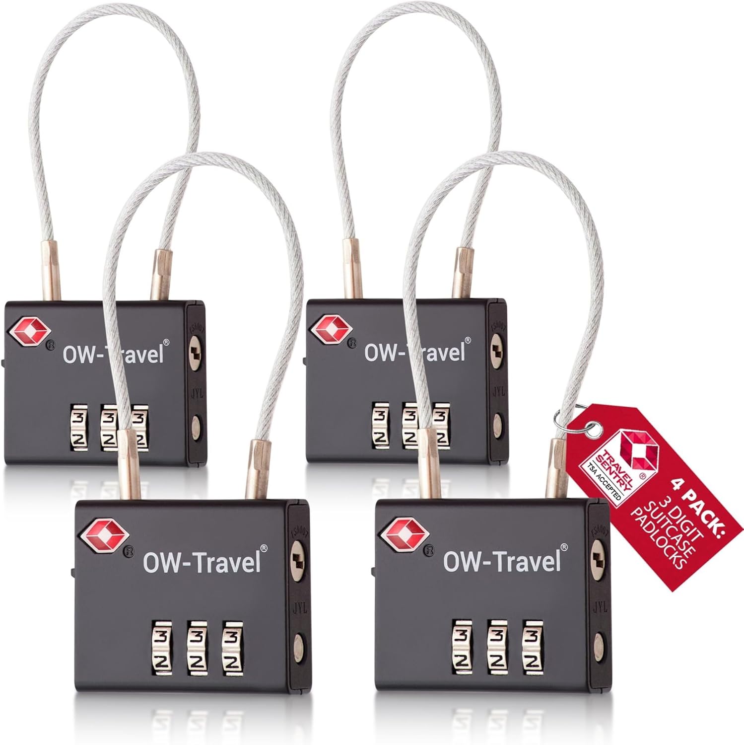 ✅ 3 Dial TSA Cable Combination Padlock - Travel Sentry Approved Heavy Duty Number Lock for Suitcases, Luggage, Gym Lockers and Tool Boxes - One-Wear, OW-Travel