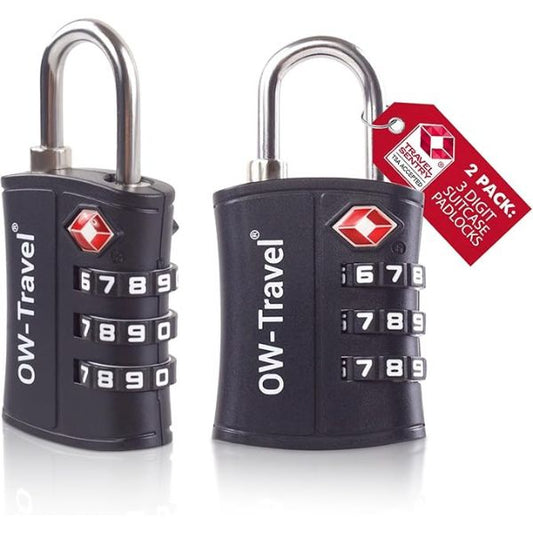 ✅ 3 Dial TSA Combination Padlock - Travel Sentry Approved Heavy Duty Number Lock for Suitcases, Luggage, Gym Lockers and Tool Boxes - One-Wear, OW-Travel