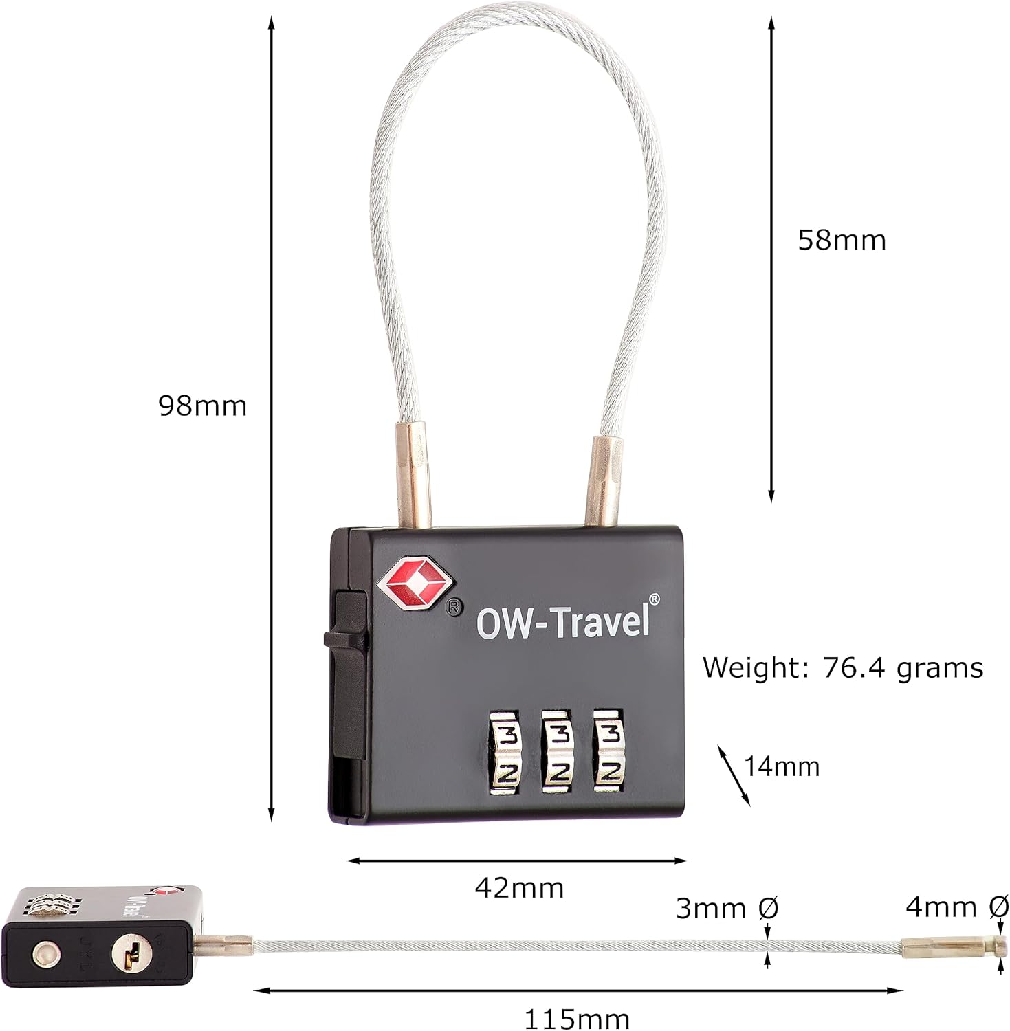 ✅ 3 Dial TSA Cable Combination Padlock - Travel Sentry Approved Heavy Duty Number Lock for Suitcases, Luggage, Gym Lockers and Tool Boxes - One-Wear, OW-Travel
