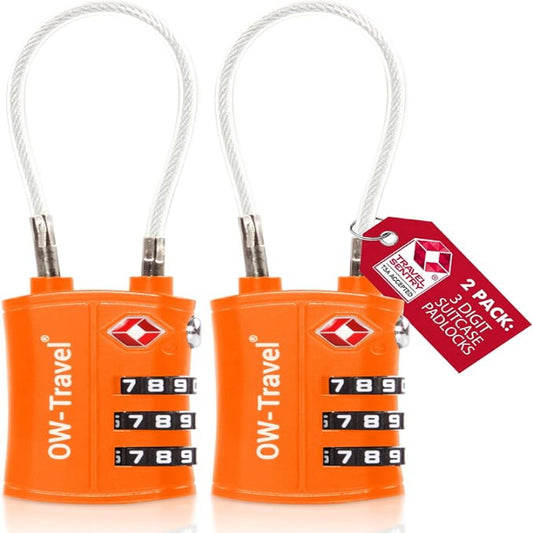 ✅ 3 Dial Cable TSA Combination Padlock - Travel Sentry Approved Heavy Duty Number Lock for Suitcases, Luggage, Gym Lockers and Tool Boxes - One-Wear, OW-Travel