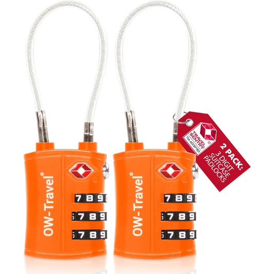 ✅ 3 Dial Cable TSA Combination Padlock Orange - Travel Sentry Approved Heavy Duty Number Lock for Suitcases, Luggage, Gym Lockers and Tool Boxes - One-Wear, OW-Travel