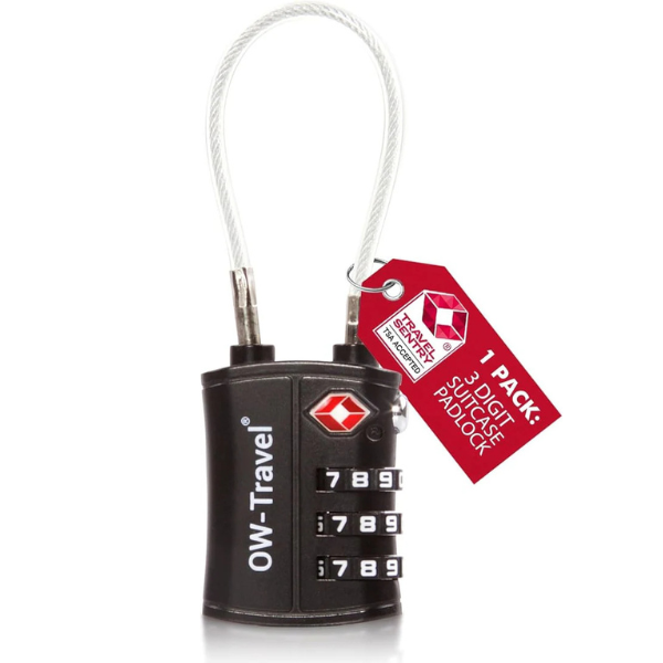 ✅ 3 Dial TSA Cable Combination Padlock - Travel Sentry Approved Heavy Duty Number Lock for Suitcases, Luggage, Gym Lockers and Tool Boxes - One-Wear, OW-Travel
