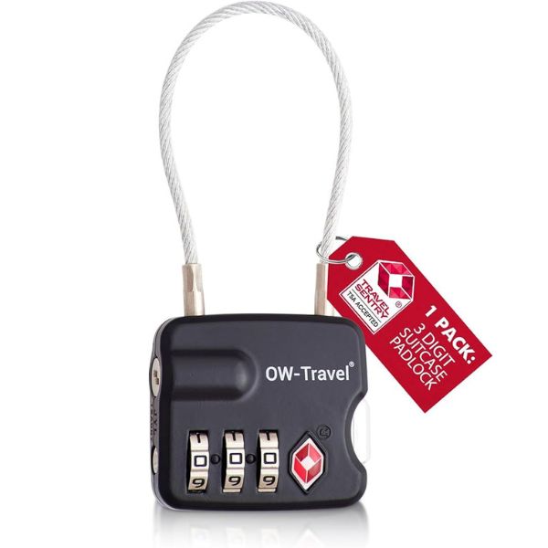 ✅ 3 Dial TSA Cable Combination Padlock - Travel Sentry Approved Heavy Duty Number Lock for Suitcases, Luggage, Gym Lockers and Tool Boxes - One-Wear, OW-Travel