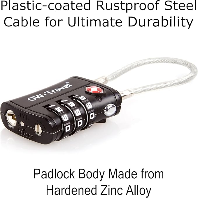 ✅ 3 Dial TSA Cable Combination Padlock - Travel Sentry Approved Heavy Duty Number Lock for Suitcases, Luggage, Gym Lockers and Tool Boxes - One-Wear, OW-Travel
