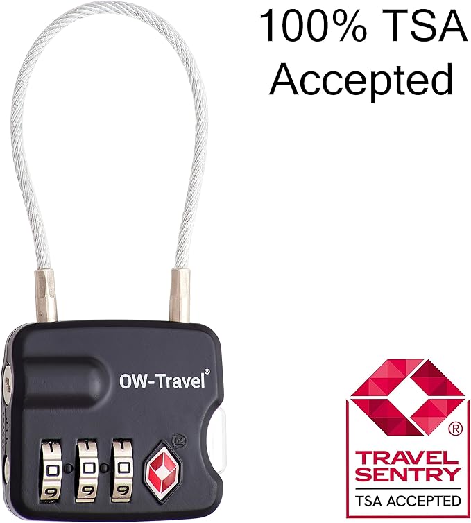 ✅ 3 Dial TSA Cable Combination Padlock - Travel Sentry Approved Heavy Duty Number Lock for Suitcases, Luggage, Gym Lockers and Tool Boxes - One-Wear, OW-Travel