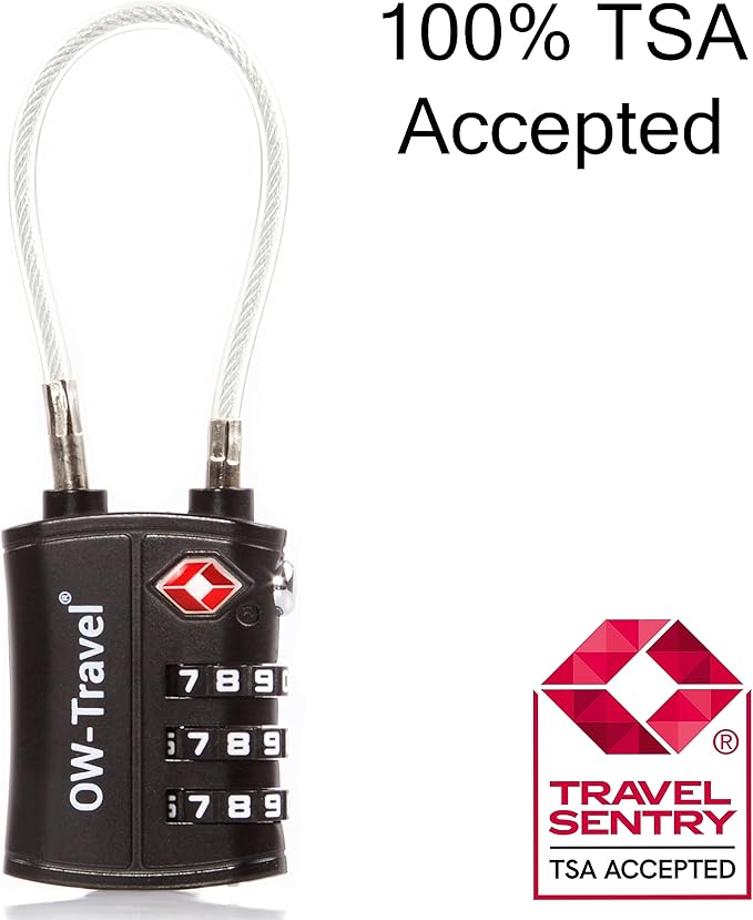 ✅ 3 Dial TSA Cable Combination Padlock - Travel Sentry Approved Heavy Duty Number Lock for Suitcases, Luggage, Gym Lockers and Tool Boxes - One-Wear, OW-Travel