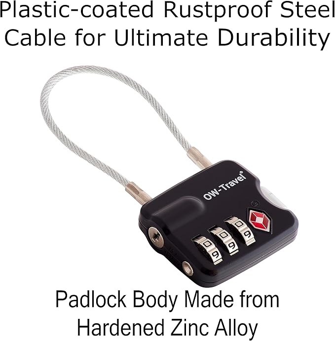 ✅ 3 Dial TSA Cable Combination Padlock - Travel Sentry Approved Heavy Duty Number Lock for Suitcases, Luggage, Gym Lockers and Tool Boxes - One-Wear, OW-Travel