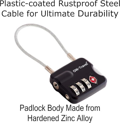 ✅ 3 Dial TSA Cable Combination Padlock - Travel Sentry Approved Heavy Duty Number Lock for Suitcases, Luggage, Gym Lockers and Tool Boxes - One-Wear, OW-Travel