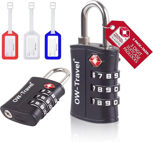 ✅ 3 Dial TSA Combination Padlock + Luggage Tags - Travel Sentry Approved Heavy Duty Number Lock for Suitcases, Luggage, Gym Lockers and Tool Boxes - One-Wear, OW-Travel