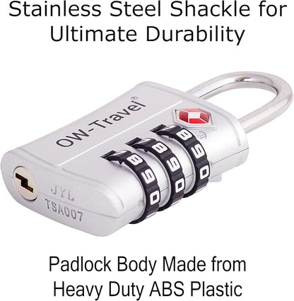 ✅ 3 Dial TSA Combination Padlock - Travel Sentry Approved Heavy Duty Number Lock for Suitcases, Luggage, Gym Lockers and Tool Boxes - One-Wear, OW-Travel